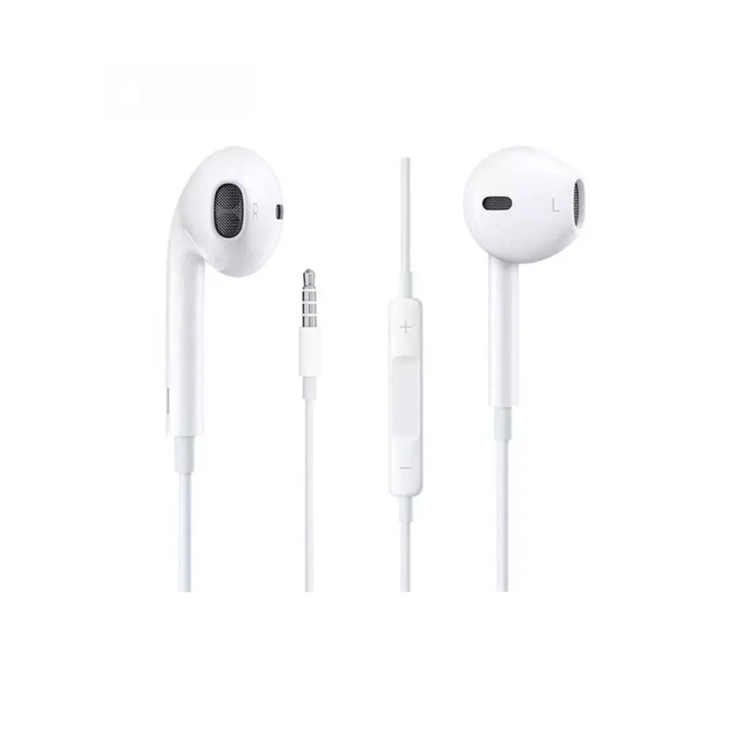هدفون اپل مدل EarPods با کانکتور جک 3.5 میلی‌متری، دارای طراحی ارگونومیک، کیفیت صدای عالی، مناسب برای مکالمه و گوش دادن به موسیقی، مجهز به دکمه‌های کنترل صدا و تماس، ساخته شده از پلاستیک باکیفیت و کابل 1.2 متری.