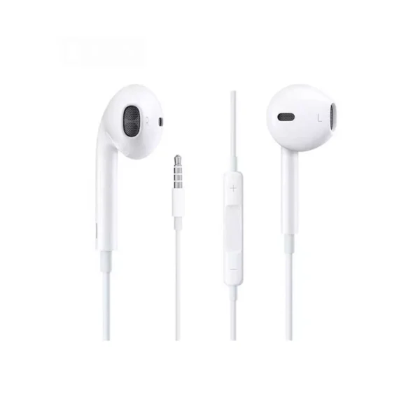 هدفون اپل مدل EarPods با کانکتور جک 3.5 میلی‌متری، دارای طراحی ارگونومیک، کیفیت صدای عالی، مناسب برای مکالمه و گوش دادن به موسیقی، مجهز به دکمه‌های کنترل صدا و تماس، ساخته شده از پلاستیک باکیفیت و کابل 1.2 متری.
