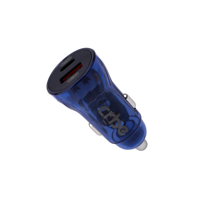 شارژر فندکی کربی مدل CR-G102 با بدنه آلومینیومی آبی متالیک، دارای دو درگاه خروجی USB و Type-C، پشتیبانی از فناوری شارژ سریع PD و QC 3.0 و حداکثر توان 48 وات.