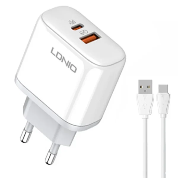شارژر دیواری فست شارژ Ldnio A2526C با دو پورت خروجی USB و Type-C، توان ۴۵ وات، فناوری‌های PD و QC4.0+، و کابل تایپ سی، طراحی مقاوم و ایمن مناسب برای شارژ انواع دستگاه‌ها.