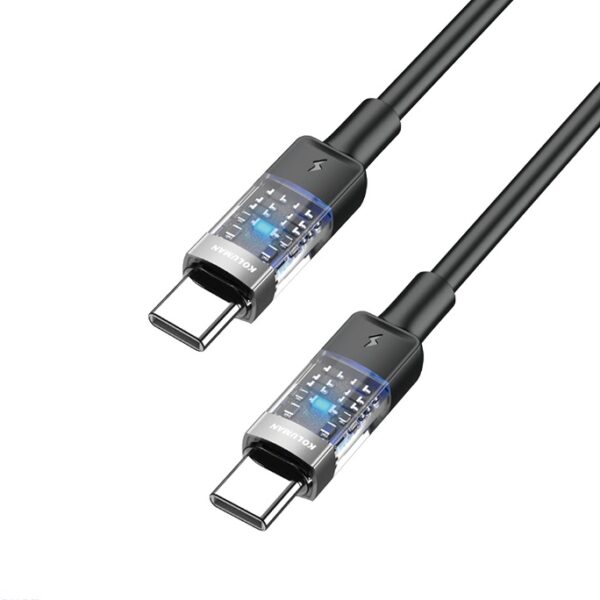 کابل کلومن KD-74 با طراحی شفاف و چراغ LED در کانکتورها، طول ۱ متر، روکش الیاف بافته‌شده مقاوم، توان ۱۰۰ وات، قابلیت انتقال اطلاعات و مناسب برای شارژ سریع لپ‌تاپ و گوشی‌های تایپ سی.